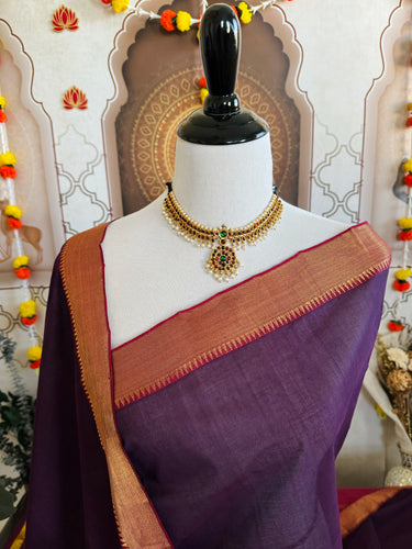 Handwoven Mangalgiri Cotton Saree | Deep Purple | Gold Zari | Ships from California